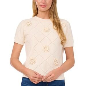 CeCe Women Cream Diamond Pointelle Knit 3D Floral Applique Sweater C866AS Small